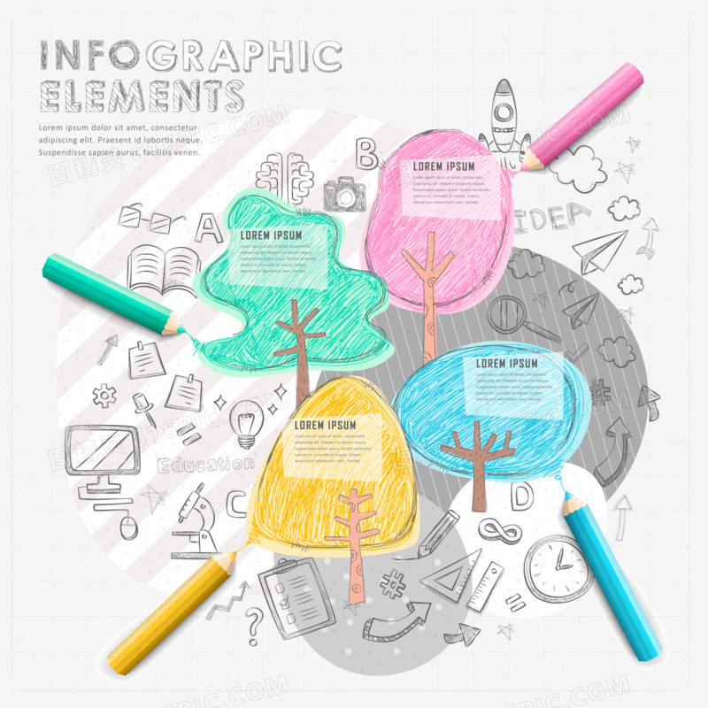 彩色铅笔画教育信息图矢量素材,