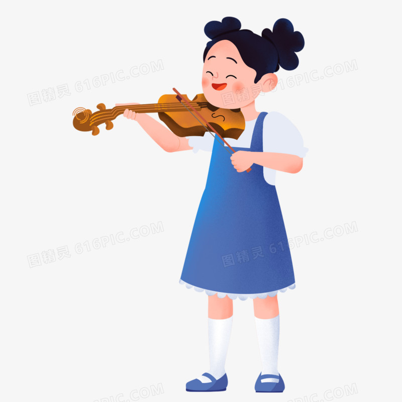 手绘卡通小女孩拉小提琴免抠元素