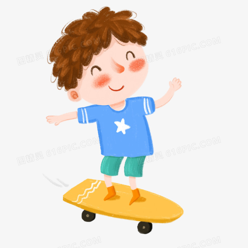 卡通手绘小男孩玩滑板免抠元素