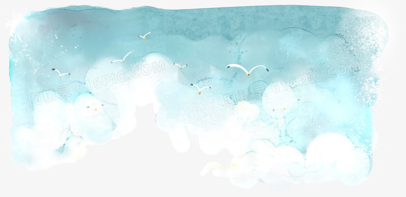 水彩手绘蓝天白云海鸥