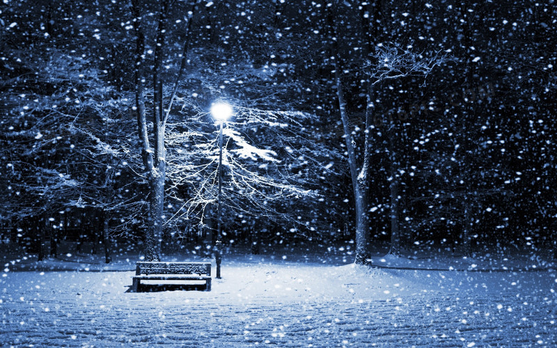 蓝色树林雪花路灯
