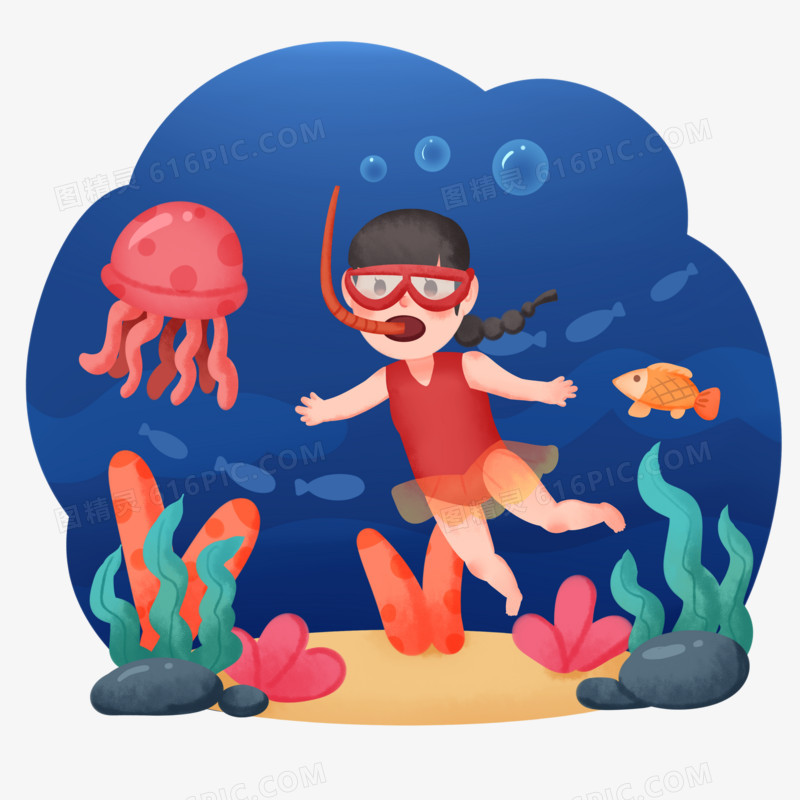 手绘卡通可爱女孩海底潜水场景免抠素材
