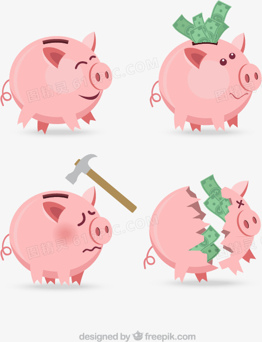 卡通粉色猪存钱罐矢量素材下载,