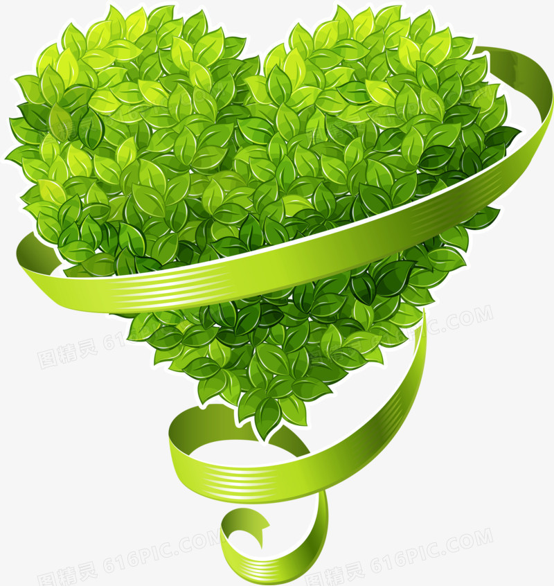 手绘绿色植物爱心丝带装饰
