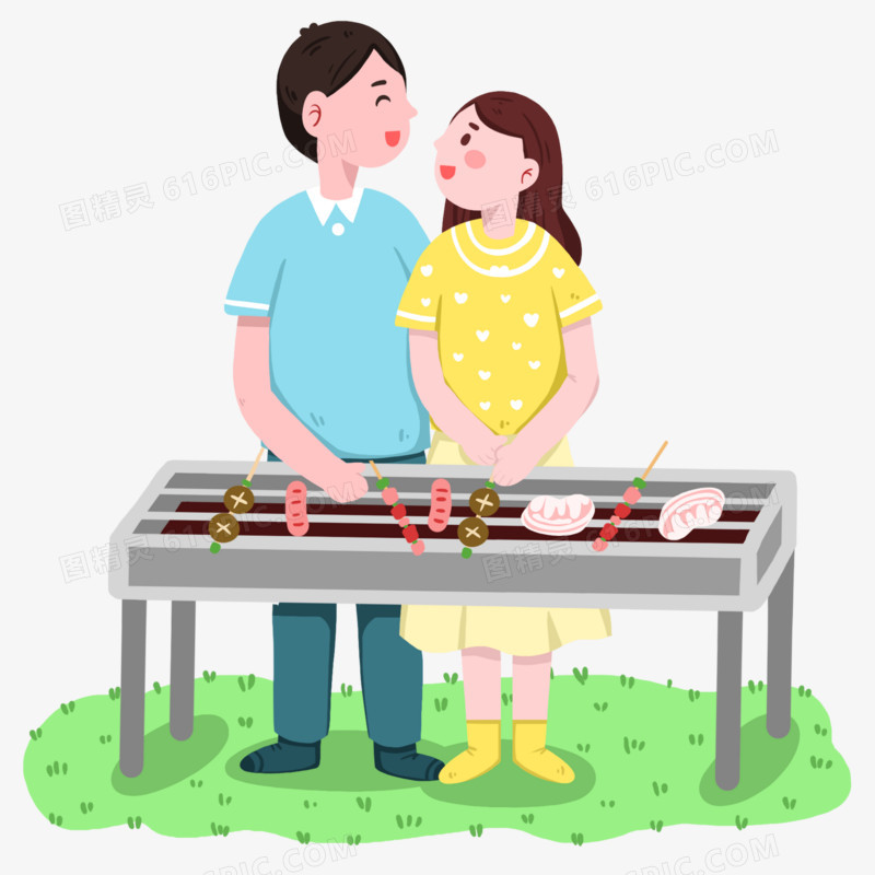 手绘恩爱情侣户外烧烤BBQ免抠素材