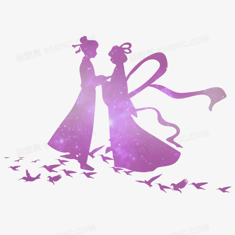 手绘卡通牛郎织女七夕剪影2