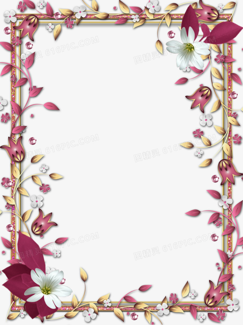 白色花朵粉色绿叶边框素材