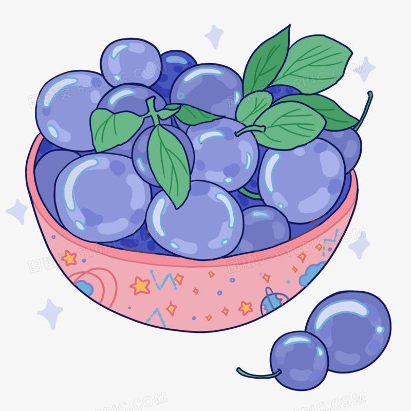 手绘的碗装葡萄蓝莓免抠元素