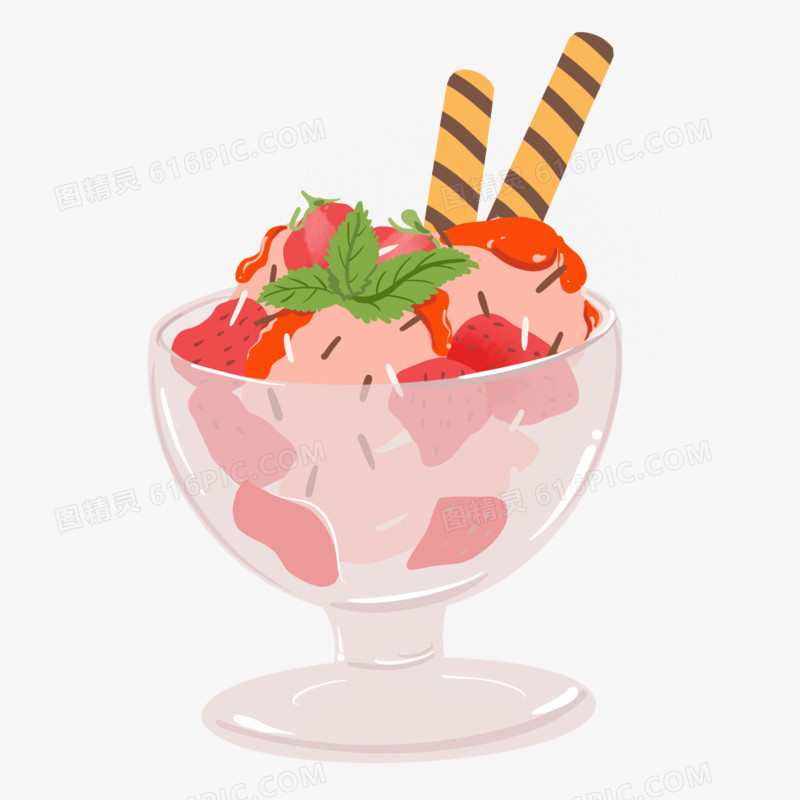 手绘卡通草莓冰淇淋元素