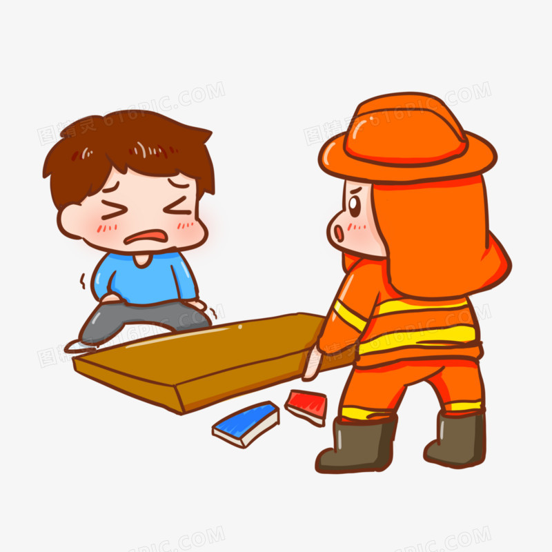 卡通手绘消防员营救小孩元素 