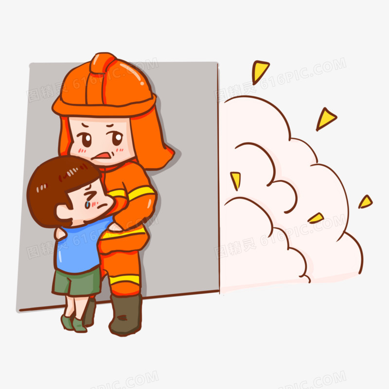 卡通消防员营救小男孩元素