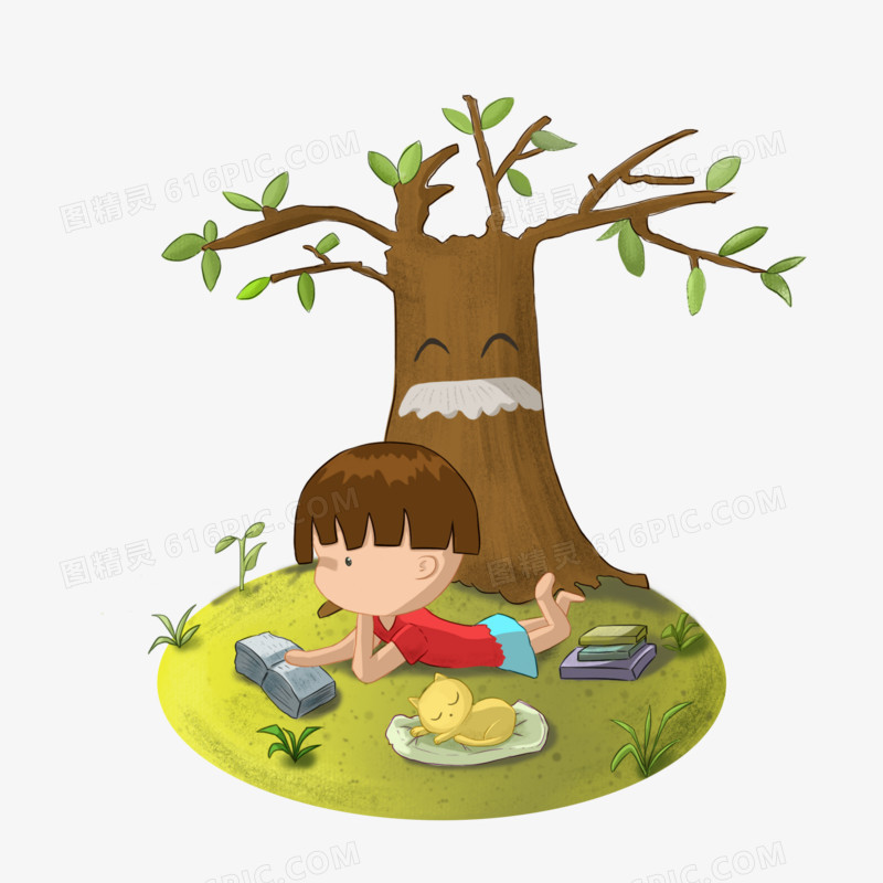 手绘卡通小朋友在树下阅读素材