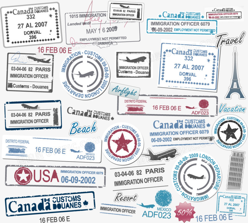 矢量飞机邮票旅行标签