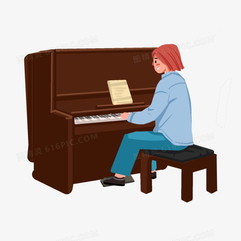 卡通手绘女生弹钢琴免抠元素