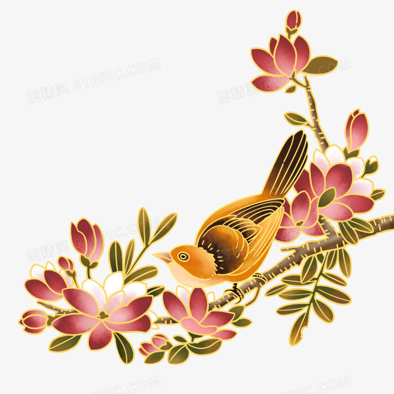 手绘国潮风站黄鹂鸟和花枝免抠元素