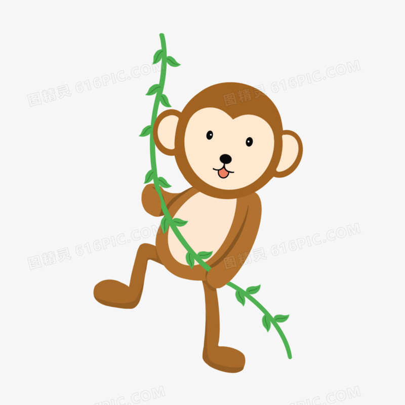 手绘卡通吊着树蔓的小猴子素材