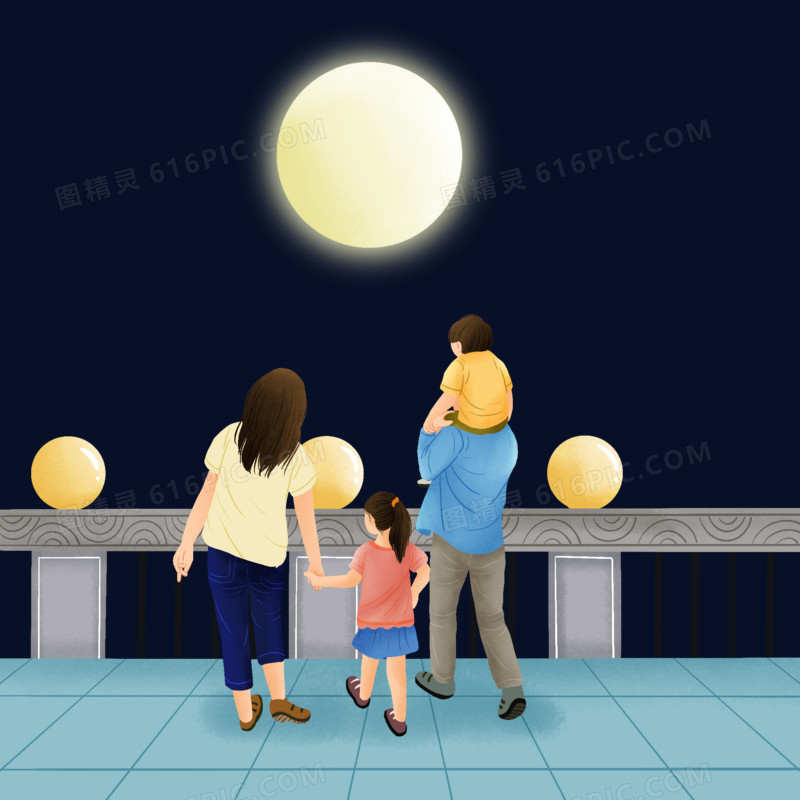 卡通手绘一家人在高处赏月免抠元素