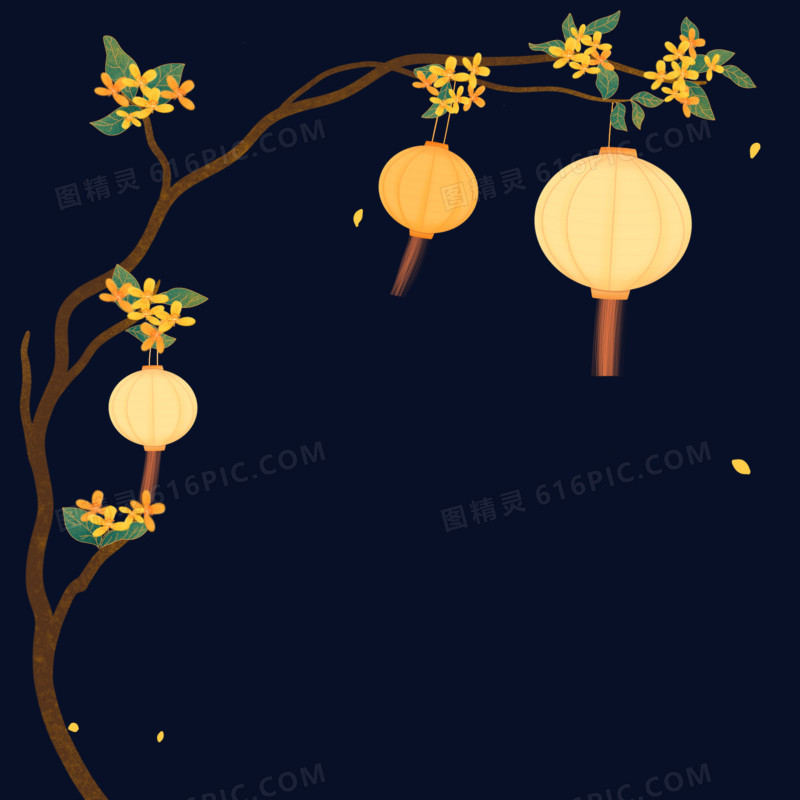 手绘桂花树和灯笼装饰元素