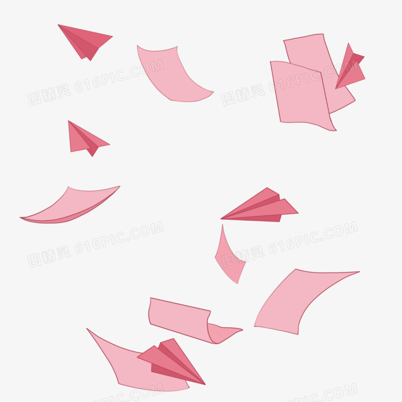 手绘漂浮的粉色纸张和飞机元素