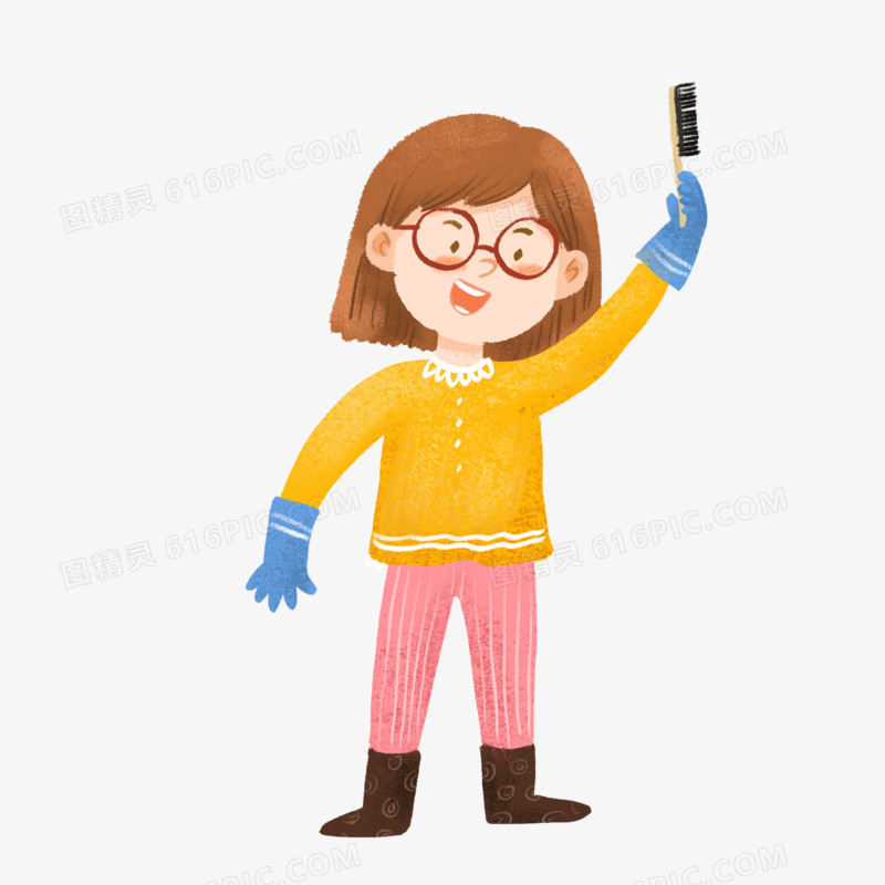 卡通手绘做清洁的女孩免抠元素