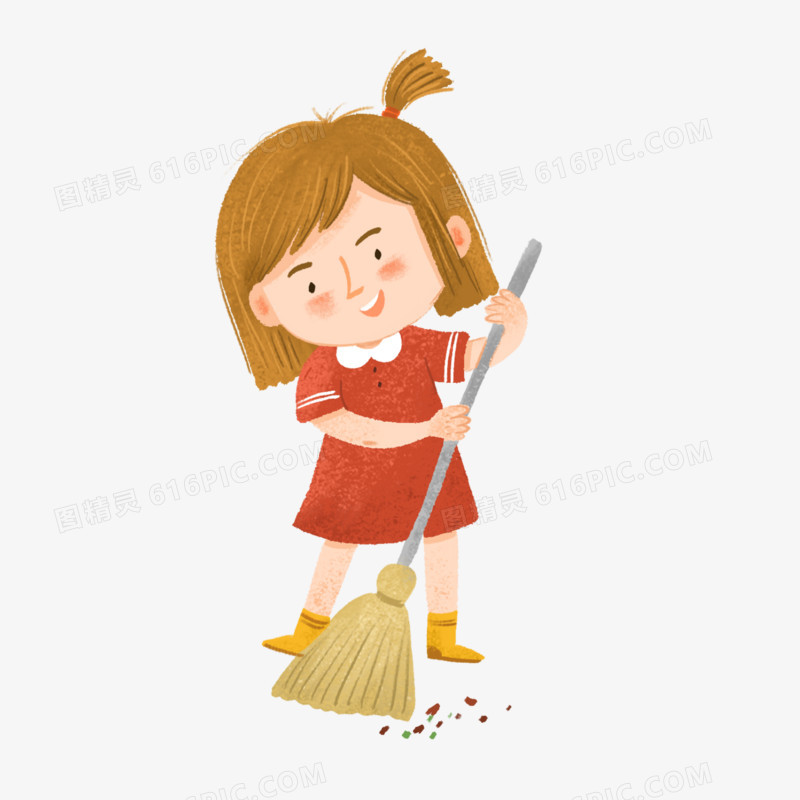 卡通手绘扫地的姑娘免抠元素