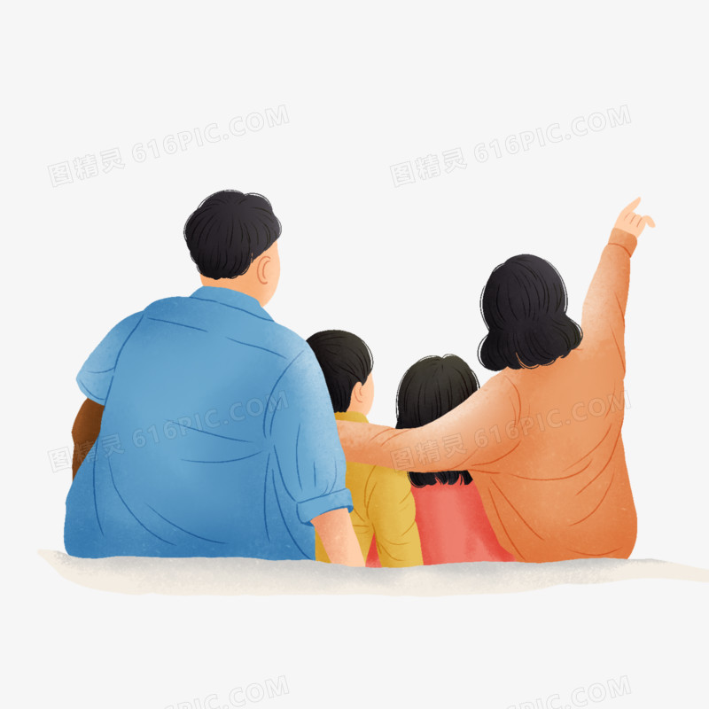 卡通手绘一家人的背影免抠元素