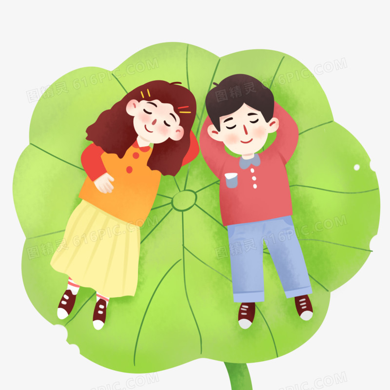 手绘卡通两个小孩子躺在叶子上元素