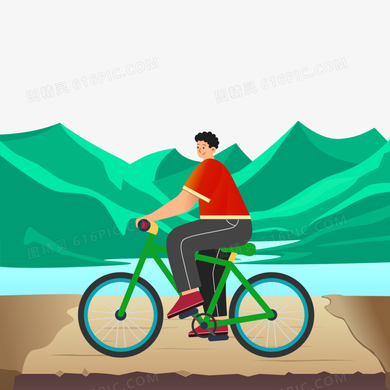 手绘卡通男生骑自行车绿色出行素材