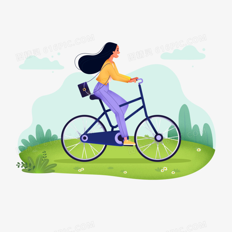 手绘卡通女孩骑单车元素