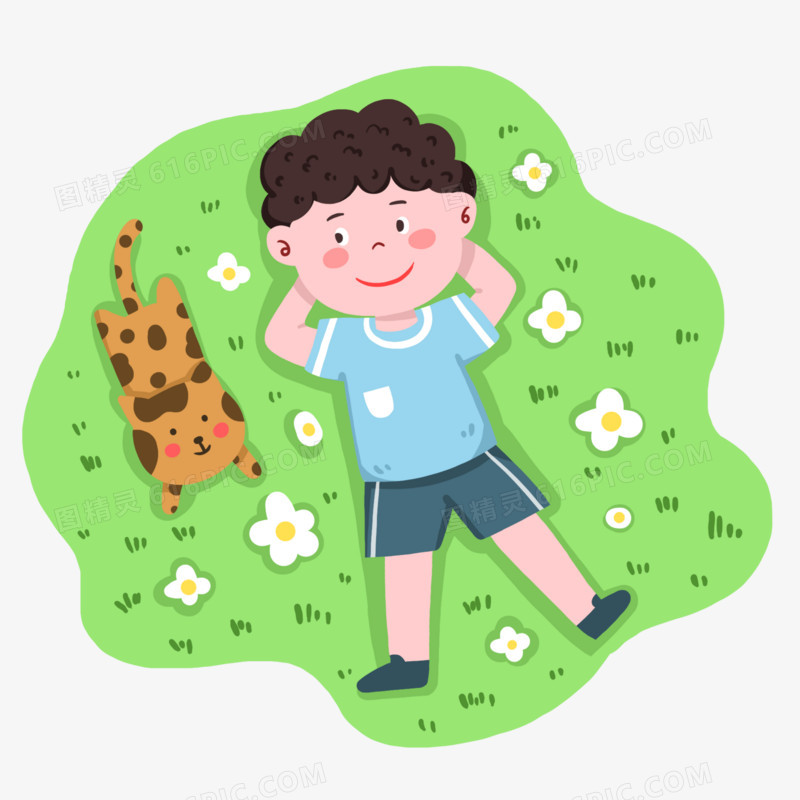 手绘卡通躺在草地上的小男孩和猫咪免抠元素