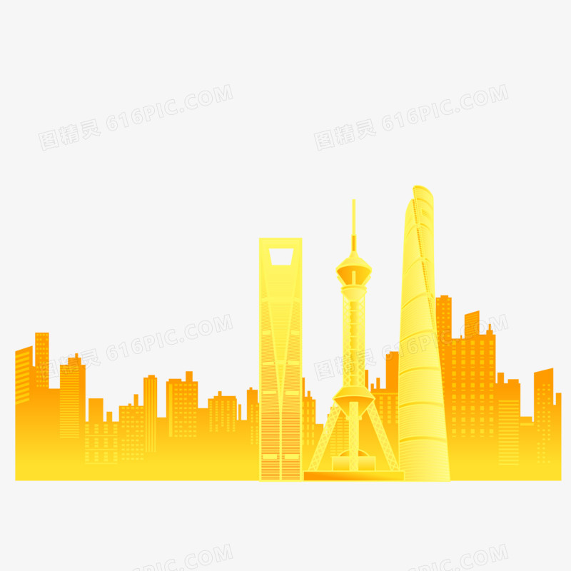 手绘黄色上海城市建筑缩影免抠效果元素