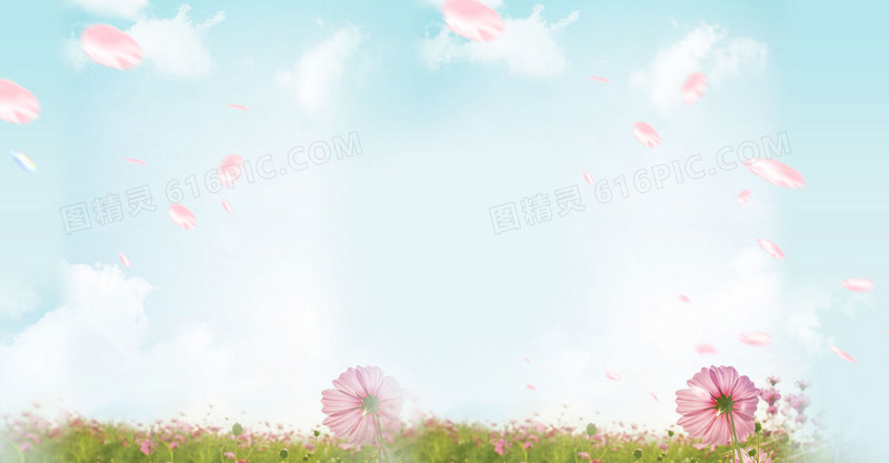 绿草粉色花朵蓝天白云