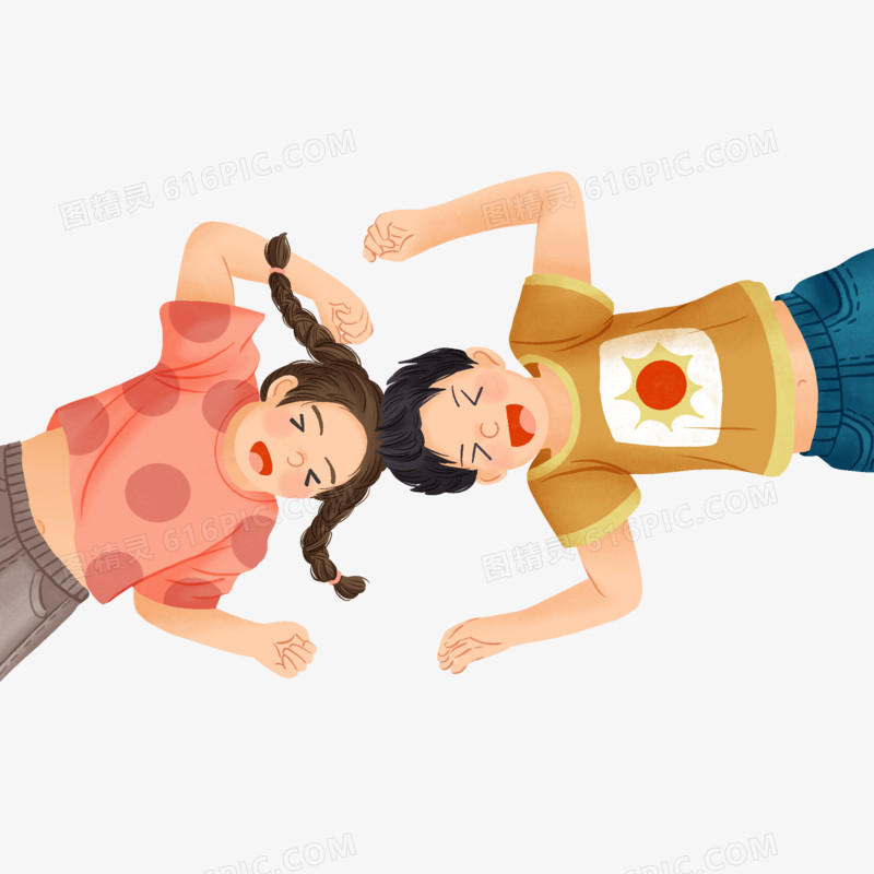 卡通手绘躺在地上的男孩和女孩免抠u安苏
