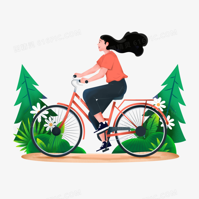 手绘卡通女孩骑单车出游元素