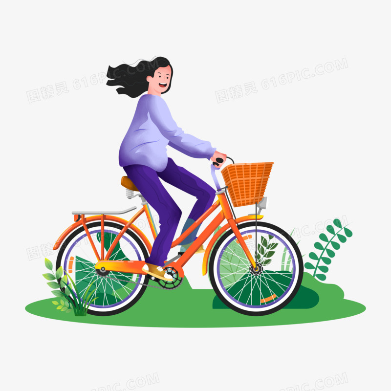 手绘卡通女孩骑自行车免抠元素
