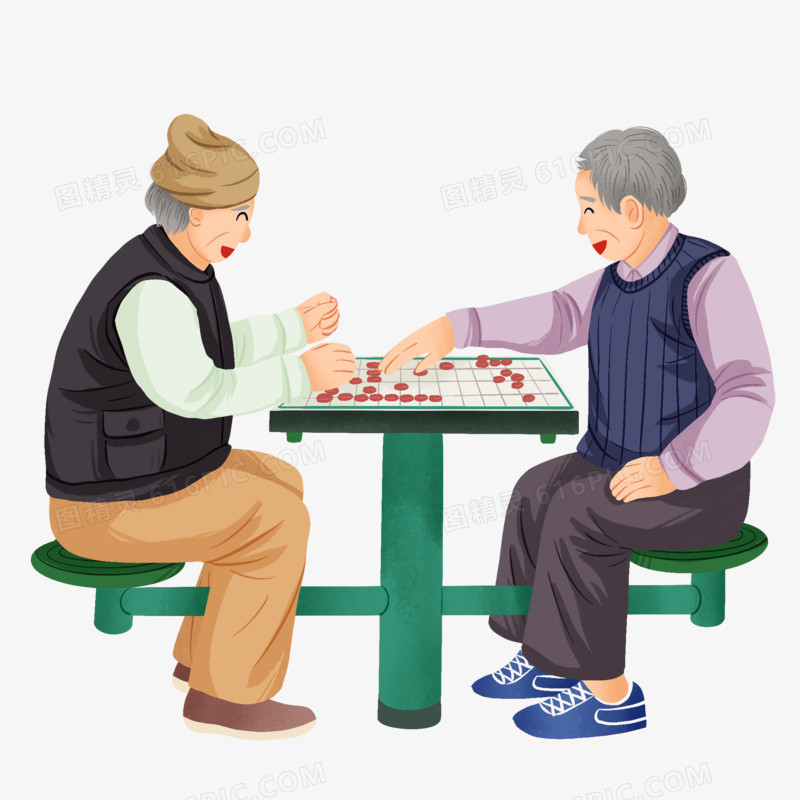 手绘卡通老人在公园里下棋免抠元素