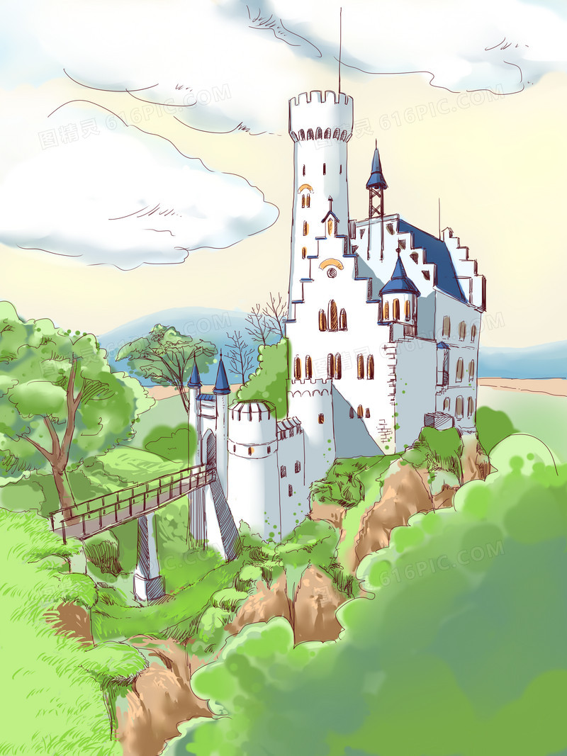 手绘创意合成森林城堡白云