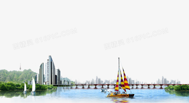城市大桥帆船背景素材