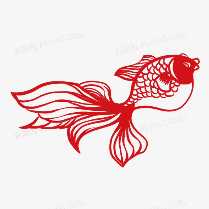 红色中式剪纸金鱼装饰元素