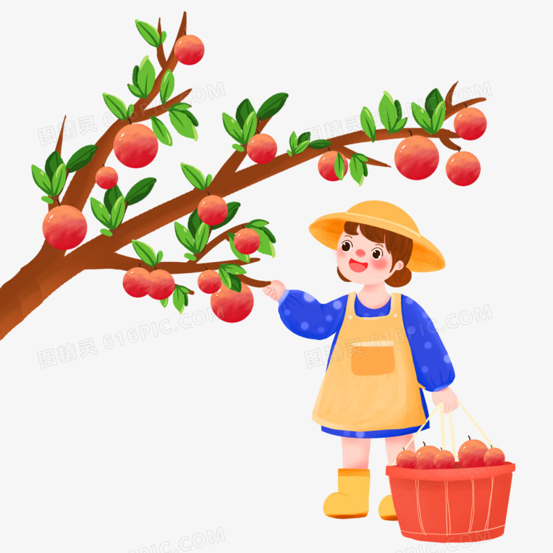卡通手绘女孩儿摘苹果吃元素
