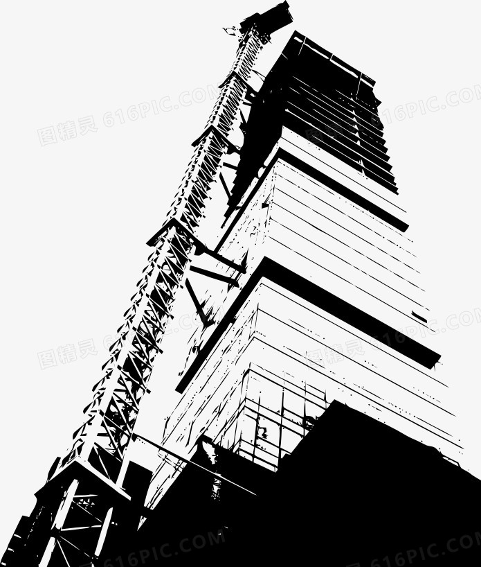 手绘黑白城市写字楼塔吊施工