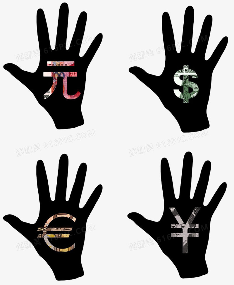 手掌剪影上的货币标志图片
