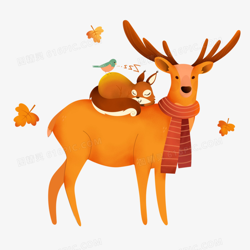 手绘卡通秋季动物小鹿和小松鼠元素