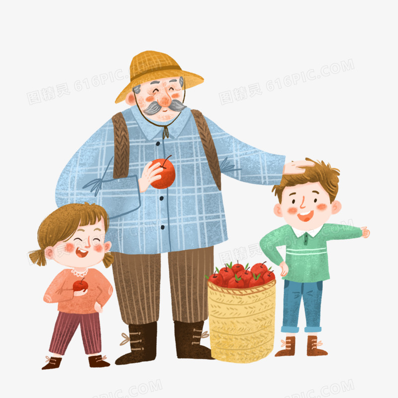卡通手绘摘苹果的祖孙三人免抠元素