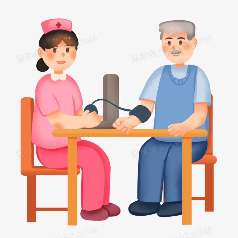 手绘卡通护士给老人量血压免抠素材