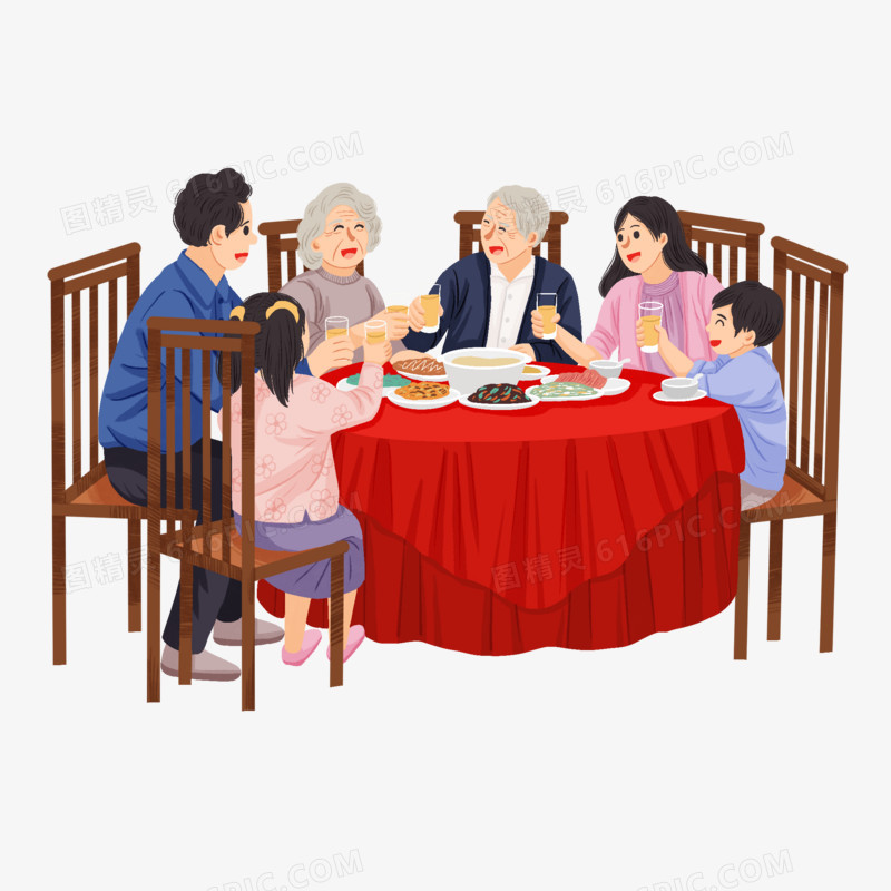 手绘插画风一家子吃饭聚餐元素