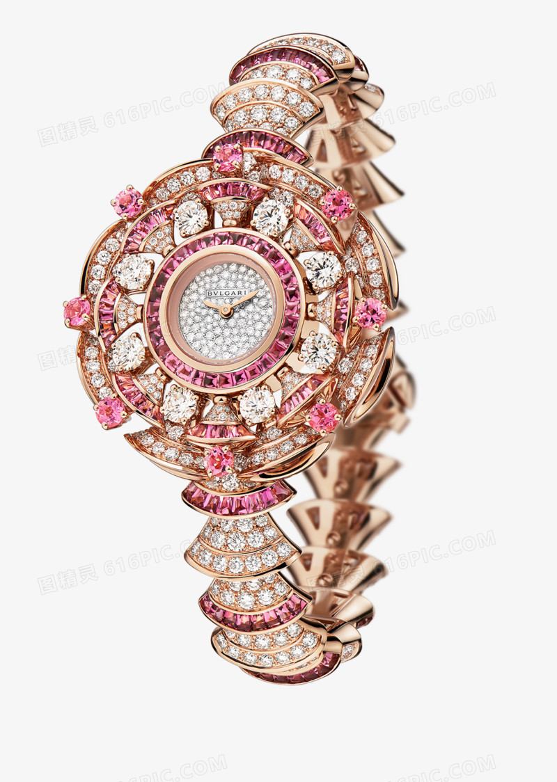 宝格丽珠宝镶钻腕表手表玫瑰金粉女表
