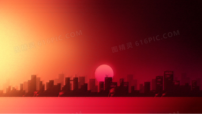 城市红色夕阳晚霞海报背景
