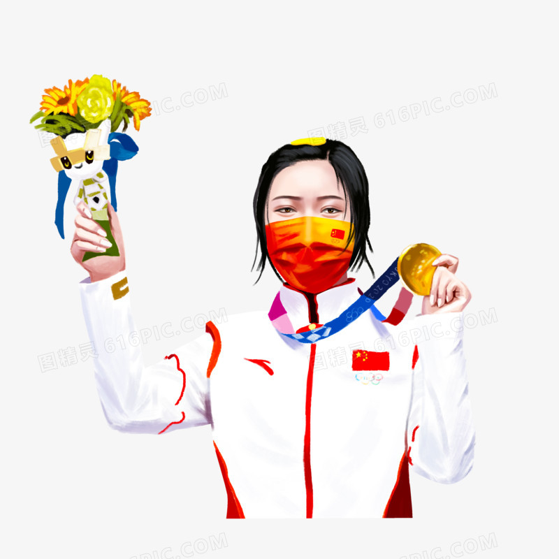 手绘写实杨倩奥运冠军人物元素