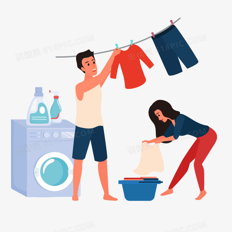 手绘洗衣服晾衣服矢量元素